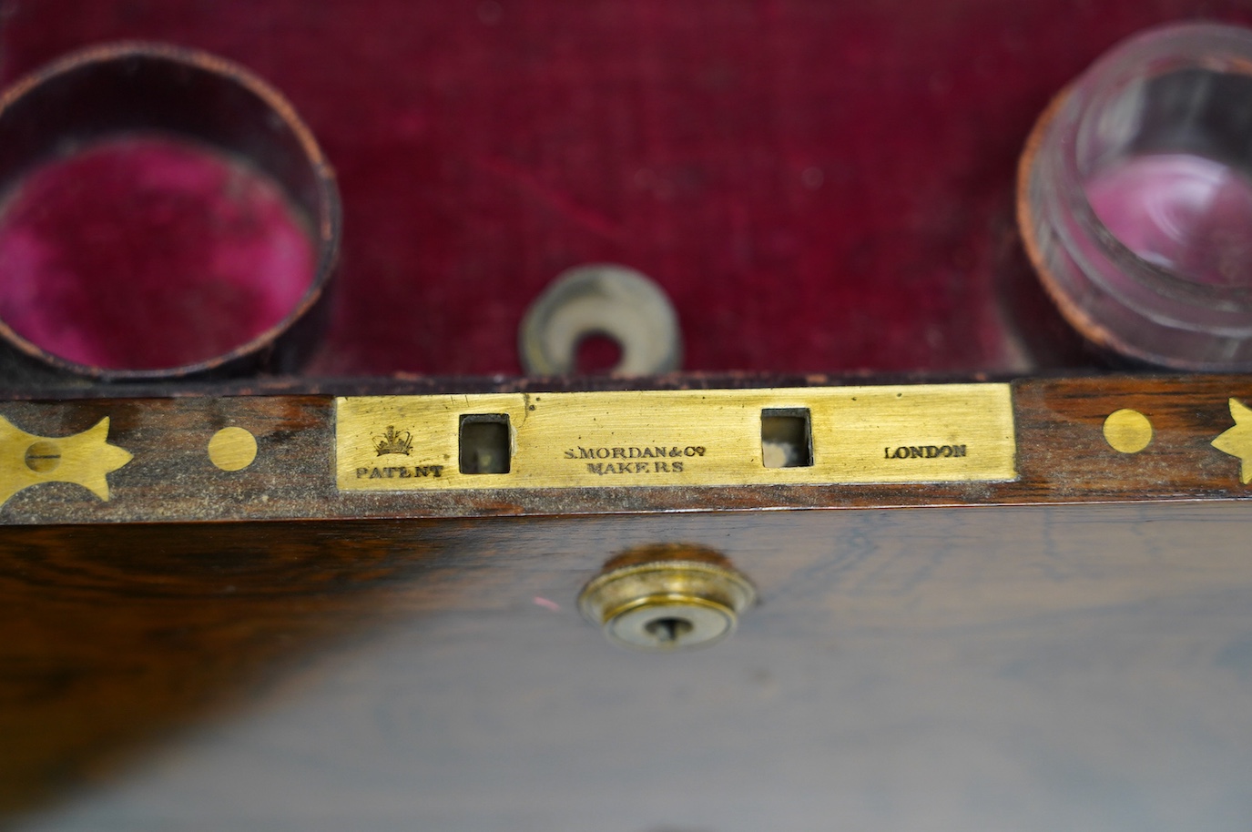 A Victorian brass bound rosewood toilet box, 36cm wide. Condition - fair to good